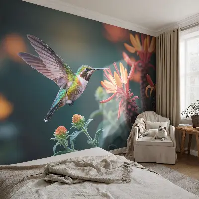 Papier peint photo sur tissu non tissé fleurs de colibri