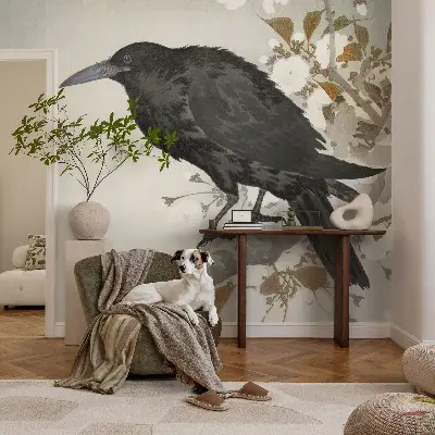 Papier peint intissé imprimé Corbeau dans les fleurs