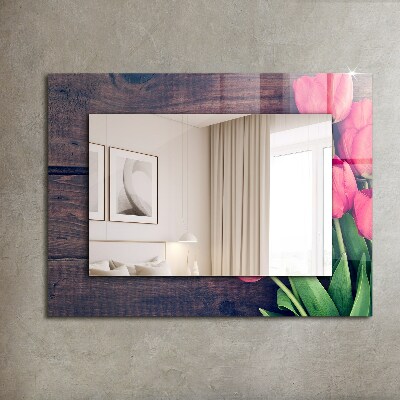 Miroir imprimé Bois avec tulipes roses