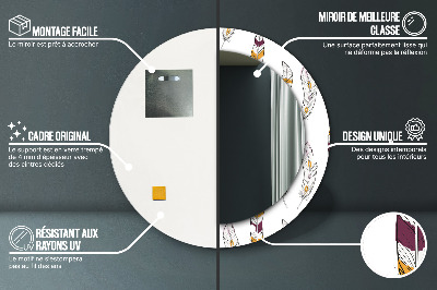 Miroir rond cadre avec impression Plumes