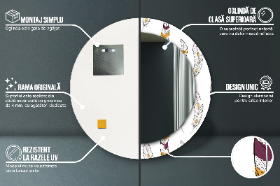 Miroir rond cadre avec impression Plumes