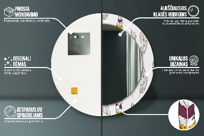 Miroir rond cadre avec impression Plumes