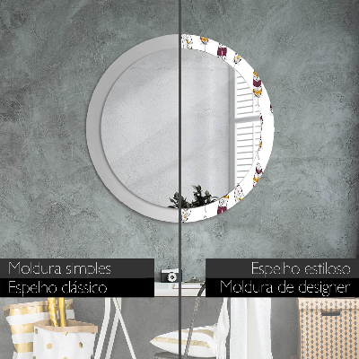 Miroir rond cadre avec impression Plumes