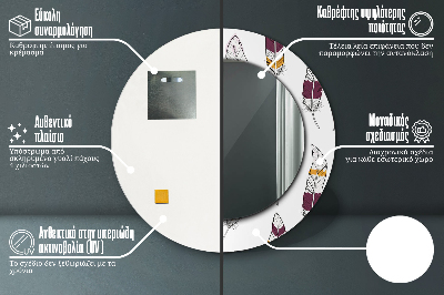 Miroir rond cadre avec impression Plumes