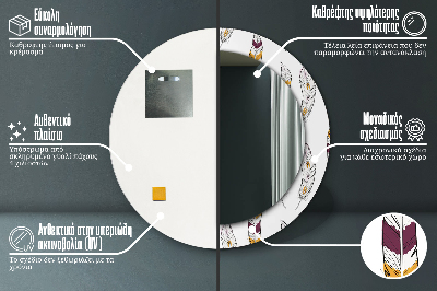 Miroir rond cadre avec impression Plumes