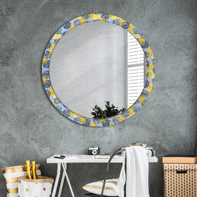 Miroir rond avec décoration Fleurs bleues