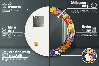 Miroir rond cadre imprimé Vitrail coloré