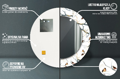 Miroir rond cadre imprimé Moineaux oiseaux branches