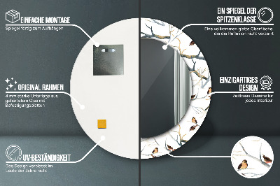 Miroir rond cadre imprimé Moineaux oiseaux branches