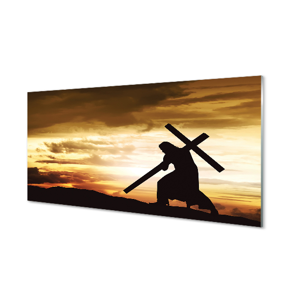 Tableaux sur verre acrylique Jésus croix coucher du soleil