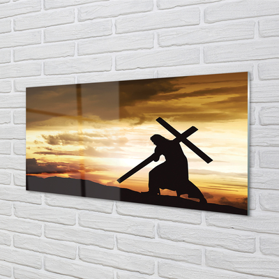 Tableaux sur verre acrylique Jésus croix coucher du soleil