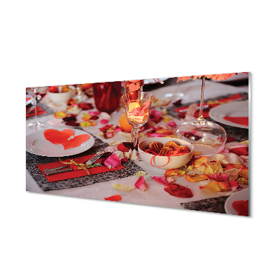 Tableaux sur verre acrylique Coeur de pétales de rose lunettes de dîner