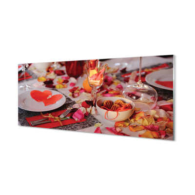 Tableaux sur verre acrylique Coeur de pétales de rose lunettes de dîner