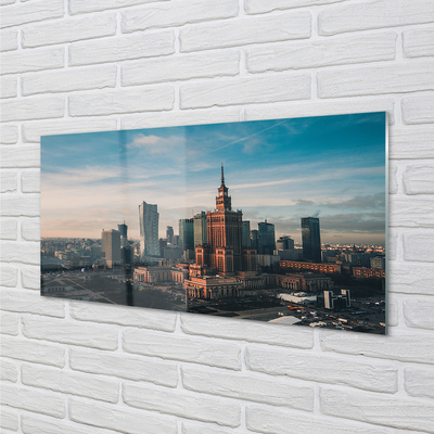Tableaux sur verre acrylique Panorama du lever du soleil gratte-ciel de varsovie