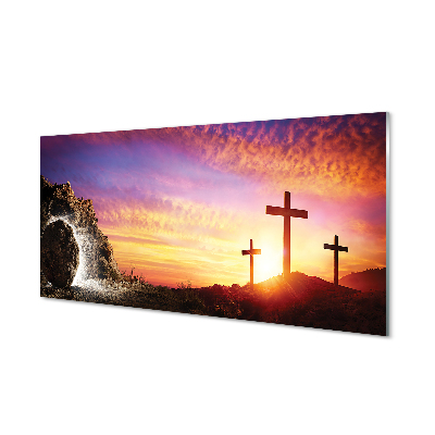 Tableaux sur verre acrylique Croix grotte coucher du soleil