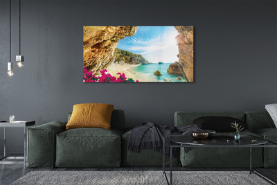 Tableaux sur verre acrylique Côte grèce falaises fleurs