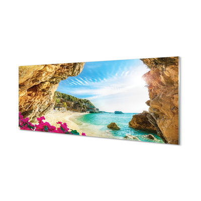 Tableaux sur verre acrylique Côte grèce falaises fleurs