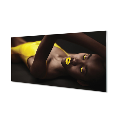 Tableaux sur verre acrylique Bouche jaune femme