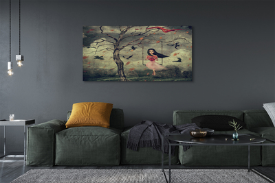Tableaux sur toile canvas Arbre nuages ​​fille rocher oiseaux