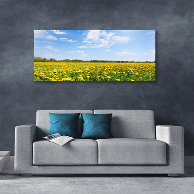 Tableaux sur toile Pissenlit prairie fleurie paysage jaune bleu