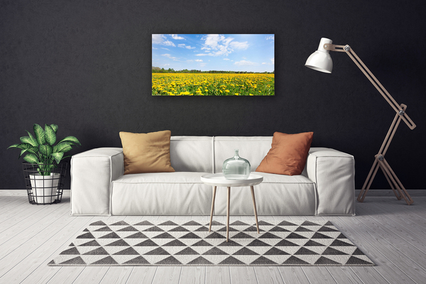 Tableaux sur toile Pissenlit prairie fleurie paysage jaune bleu