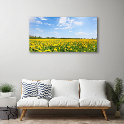 Tableaux sur toile Pissenlit prairie fleurie paysage jaune bleu
