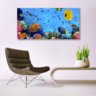 Tableaux sur toile Poisson sous-marin récif de corail nature bleu jaune multicolore