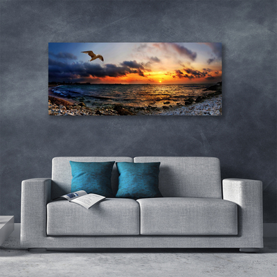 Tableaux sur toile Mouette mer plage paysage bleu orange rouge