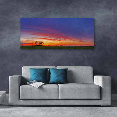 Tableaux sur toile Paysage champ arbres nature bleu violet rouge jaune