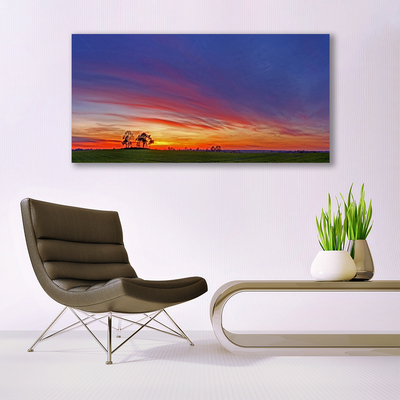 Tableaux sur toile Paysage champ arbres nature bleu violet rouge jaune