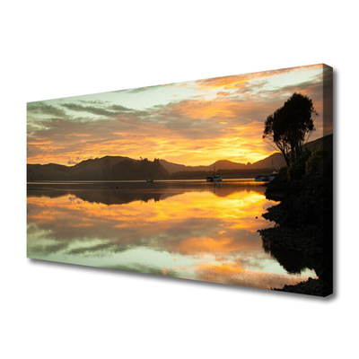 Tableaux sur toile Eau montagnes paysage noir orange brun