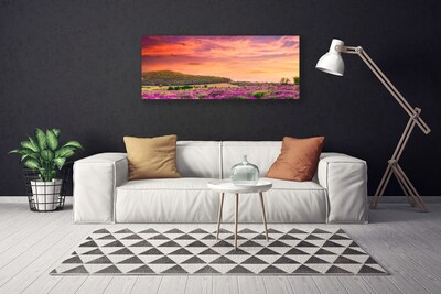 Tableaux sur toile Prairie fleurs paysage violet vert rose