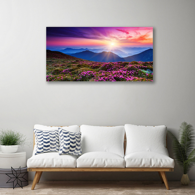 Tableaux sur toile Montagnes prairie fleurs paysage violet rose bleu vert
