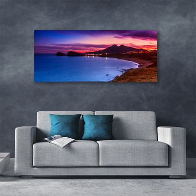 Tableaux sur toile Mer plage montagnes paysage bleu brun violet rose