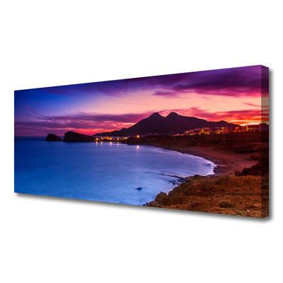 Tableaux sur toile Mer plage montagnes paysage bleu brun violet rose