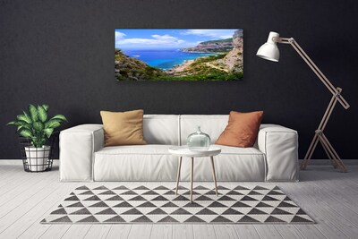 Tableaux sur toile Mer plage montagnes paysage bleu gris brun vert