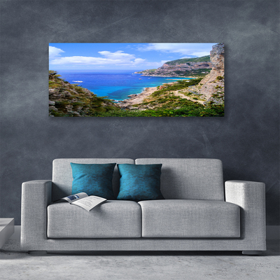 Tableaux sur toile Mer plage montagnes paysage bleu gris brun vert