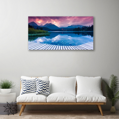 Tableaux sur toile Montagne lac paysage rose bleu vert
