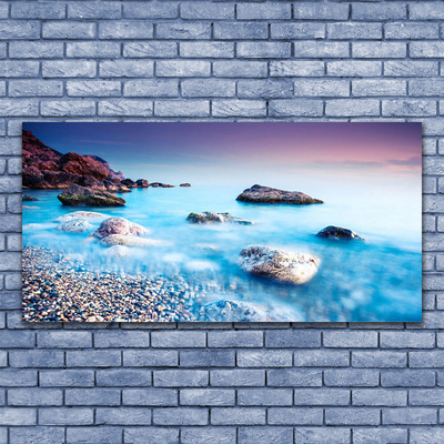Tableaux sur toile Mer pierres plage paysage bleu gris rose