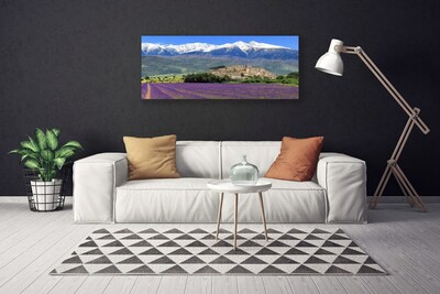 Tableaux sur toile Prairie fleurs montagnes paysage violet vert bleu blanc