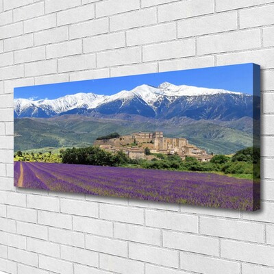 Tableaux sur toile Prairie fleurs montagnes paysage violet vert bleu blanc