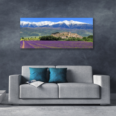 Tableaux sur toile Prairie fleurs montagnes paysage violet vert bleu blanc