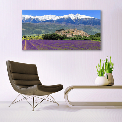 Tableaux sur toile Prairie fleurs montagnes paysage violet vert bleu blanc