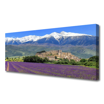 Tableaux sur toile Prairie fleurs montagnes paysage violet vert bleu blanc