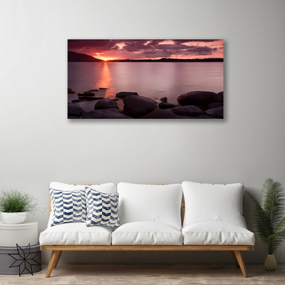 Tableaux sur toile Pierres mer paysage violet noir rose