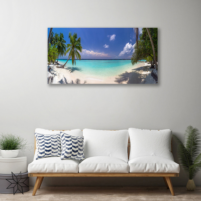 Tableaux sur toile Mer plage palmiers paysage blanc bleu vert brun