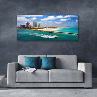 Tableaux sur toile Mer plage ville paysage bleu brun gris