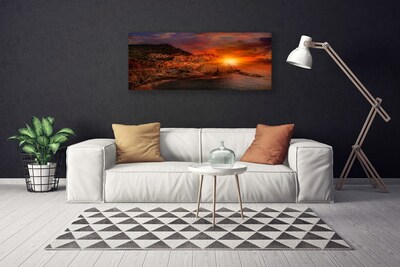 Tableaux sur toile Mer ville soleil paysage brun vert jaune