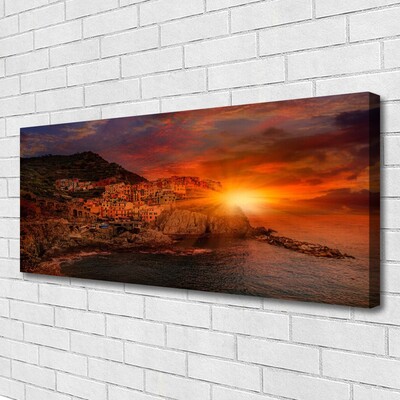 Tableaux sur toile Mer ville soleil paysage brun vert jaune