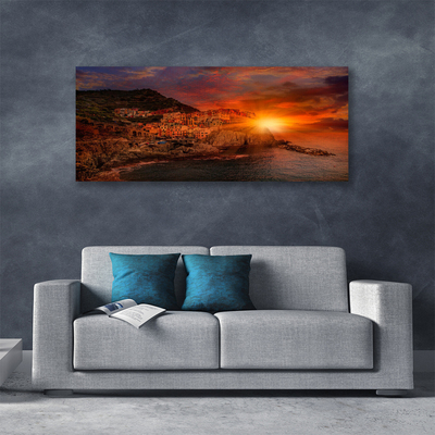 Tableaux sur toile Mer ville soleil paysage brun vert jaune